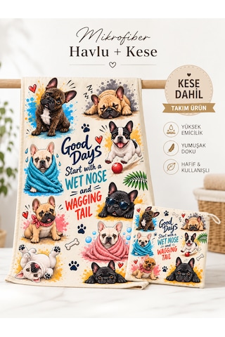 Kedi & Köpek Kurulama Havluları French Bulldog Desenli Hızlı Kuruyan 50x100cm