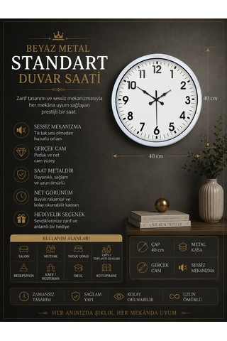40 Cm Beyaz Metal Standart Duvar Saati Standart Metal Beyaz Kadran