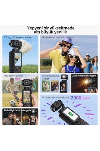 Taşınabilir 4k Vlog Kamerası 180 Dönebilen Lens 1.9" Ips Ekran 2000mah Batarya 128gb Hafıza Kartı Destekli