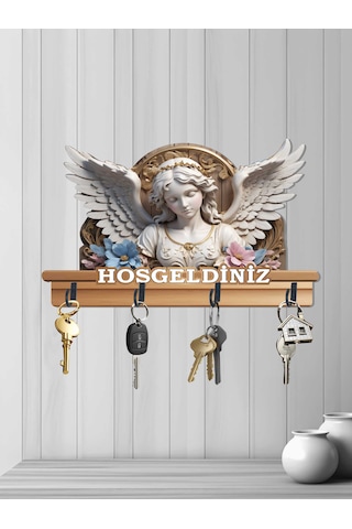 30 X 16 Cm Dört Metal Kancalı 2d Ahşap Uv Baskılı Melek Hoşgeldiniz Mdf Duvar Askılığı Anahtarlık V6 Çok Renkli