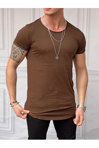 Modefendi Slim Fit Oval Kesim Pamuk Basic Tshırt Kahverengi