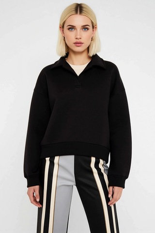 Benerly Kadın Polo Yaka Düşük Kol Regular Kalıp Örme Sweatshirt Fonksiyon siyah