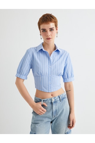 Koton Crop Balon Kol Gömlek Slim Fit Pamuklu Mavi Çizgili 4sal60038ıw 4SAL60038IW6S2 Mavi