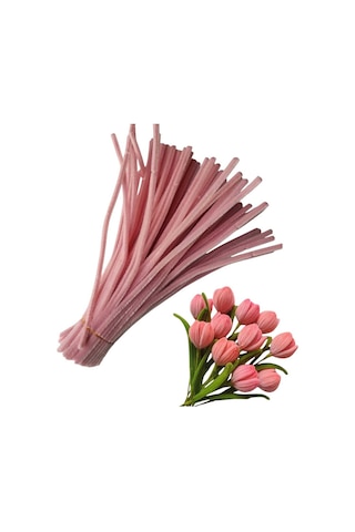 50 Adet Pastel Pembe Şönil, Çiçek Yapımına Uygun Tüylü Tel, 30 Cm 6mm