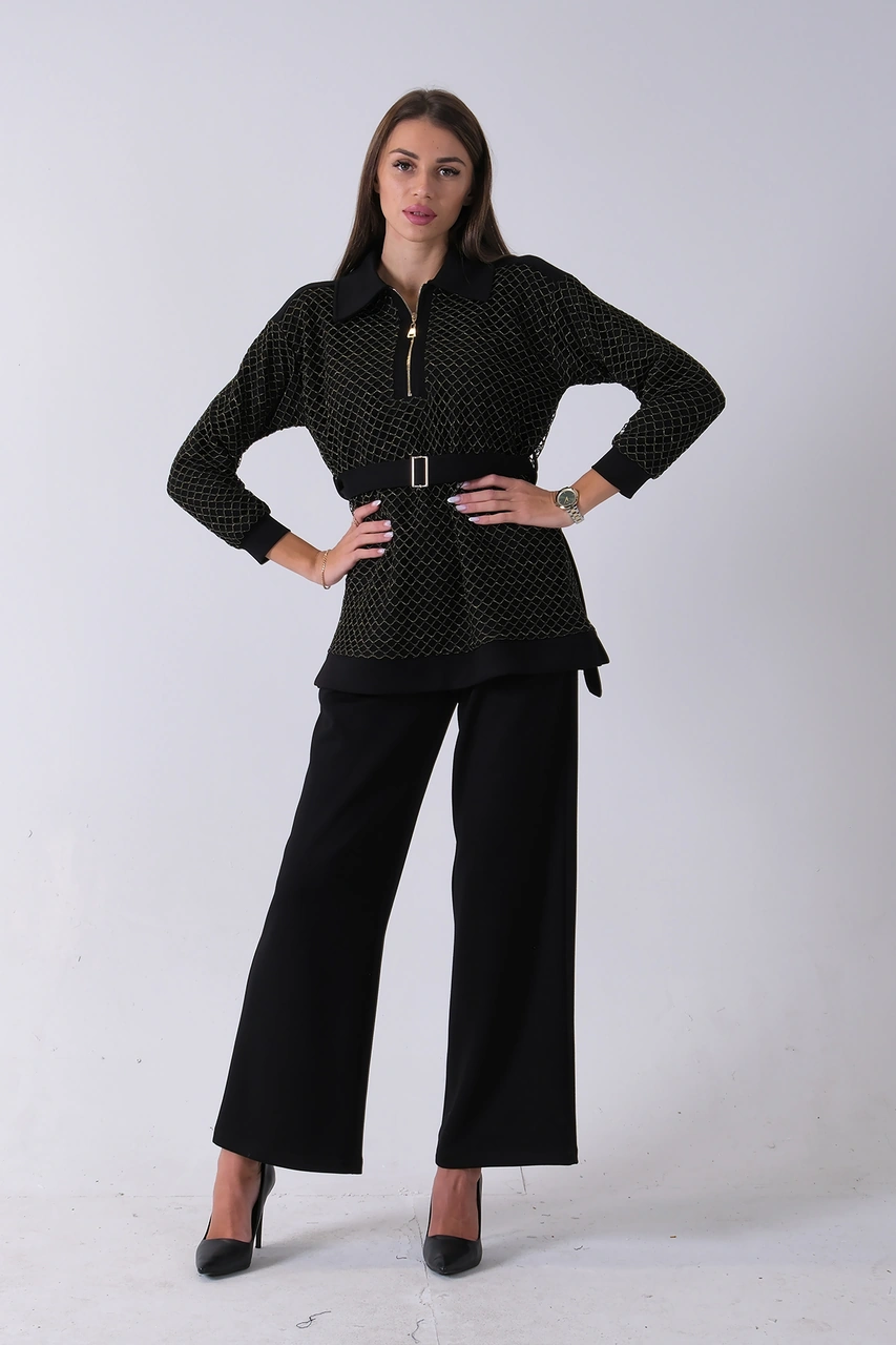 Feminist Gold Tunik Yaka Fermuar Kapamalı File Detaylı Pantolonlu Takım 4577283.122 Gold