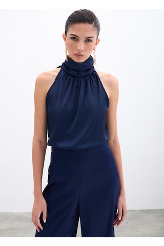Sateen Desenli Kolsuz Bluz - Lacivert