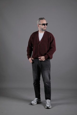 Dokulu Oversize Erkek Kalın Hırka Bordo