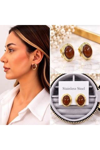 Premium Parlak Ve Şık Gold Renk Kahve Oval Taşlı Kadın Çelik Küpe Altın