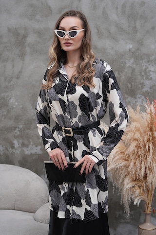 Polologin Butik Siyah Beyaz Yaprak Desenli Gömlek Tunik Siyah & Beyaz