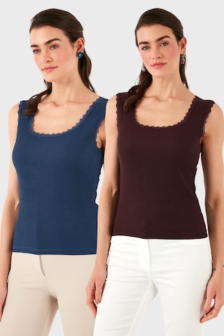 Lela Slim Fit Kalın Dantelli Kare Yaka Bürümcük 2'Li Paket Bayan Atlet 5864979S2 Indigo-Vişne
