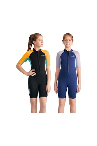 Dıve & Saıl 2.5mm Çocuklar Sıcak Kısa Kollu Tek Parça Wetsuit Gençlik Şnorkel Sörf Elbisesi Koyu Mavi