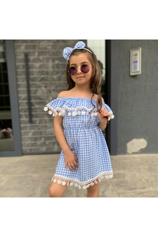 Kız Çocuk Güpürlü Ekose Elbise (554875179) Beyaz - Mavi
