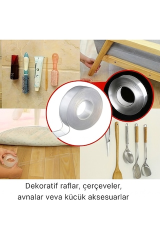 Şeffaf Çift Taraflı Nano Bant 2 Metre 18mm İz Bırakmaz, Süper Güçlü Yapışkan, Çok Amaçlı Montaj Band
