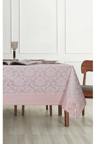 Pamuklu Damask Desen Pudra Pembe Renk Lüks Masa Örtüsü 160x220 Cm
