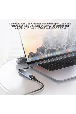 Youmex Gri 5 Fonksiyonlu Usb-c Hub: 4k Hd, Rj45 Ethernet, Usb 3.0/2.0, 87w Pd Hızlı Şarj Çevirici