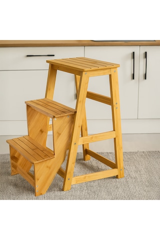 Porsima Pbt-379 Ahşap Bambu 3 Basamak Merdiven - Portatif Demonte Ve Ergonomik Ev Tipi Dekoratif Tabure Merdiven 1 Adet