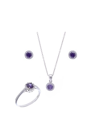 Mor Zirkon Taşlı 925 Ayar Gümüş Kadın Üçlü Tektaş Set