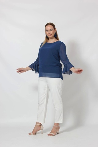 3119i İndigo Kolu Valon Ve Bağcık Detaylı Bluz Indigo