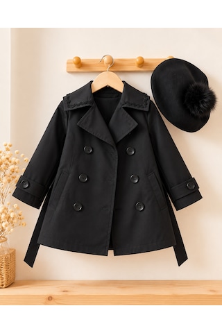 Kokoş Bebe Kız Çocuk Trençkot Kaşe Bere 2 Li Takım - 3/12 Yaş - 31944 Siyah