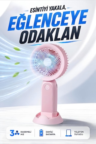 Şarjlı Taşınabilir Mini El Fanı 3 Kademeli Hız Ayarlı Telefon Standlı Vantilatör Pembe