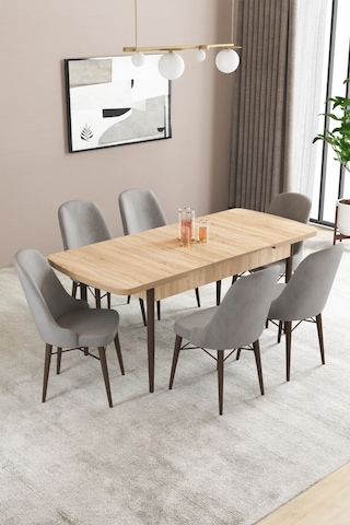 Sar Pakete Almira Serisi, Meşe Desen 80x132 Açılabilir Mdf Mutfak Masası Takımı 6 Adet Sandalye Gri