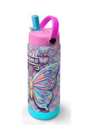 Coral High Pastel Renkli Kelebek Desenli Katlanır Ağızlıklı Çelik Termos 650 Ml 38306 Pastel