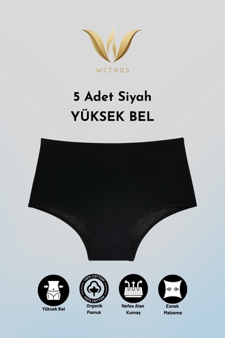 Wcreas Yüksek Bel Pamuklu Kadın Külot, 5'li Paket Pamuklu Yumuşak Kumaş Kadın Külot Siyah