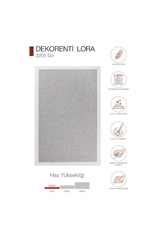 Hoom Rugs Lora 3205 Gri Çerçeveli Pamuk Taban Hav Toz Vermez Sisal Halı