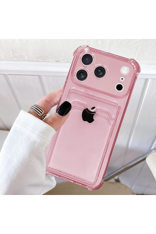 İphone 17 Pro Uyumlu Kamera Korumalı Kartlıklı Köşeleri Airbag Tasarımlı Darbe Önleyici Pembe