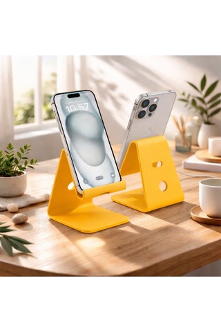 Basartstudio Geometrik Telefon Standı - 3d Tasarım Masaüstü Telefon Tutucu Kırmızı Sarı