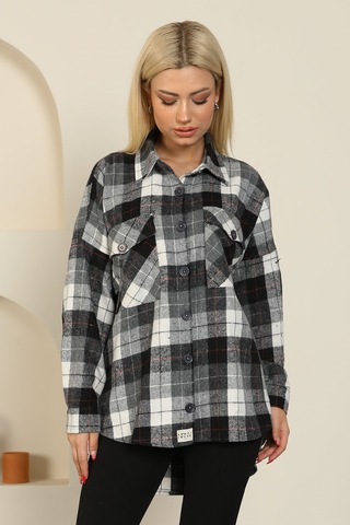 Nurneva Oduncu Kumaş Ekose Desen Oversize Gömlek Siyah-siyah Siyah