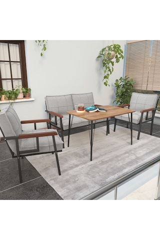 Mygusi Modern Balkon, Bahçe, Cafe - Metal Kanepe Koltuk Takımı - 2+1+1 Masa Açıkgri Açık Gri