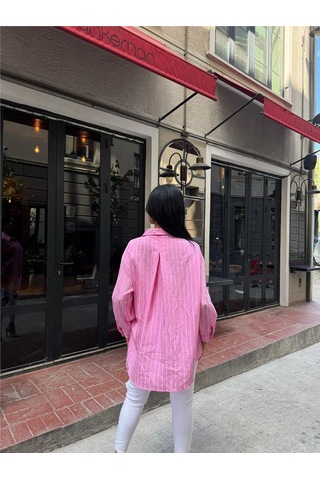 WeShaya Pembe Çizgili Oversize Düğmeli Gömlek Pembe