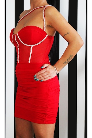 Taş Askı Tül Detay Elbise-Kırmızı