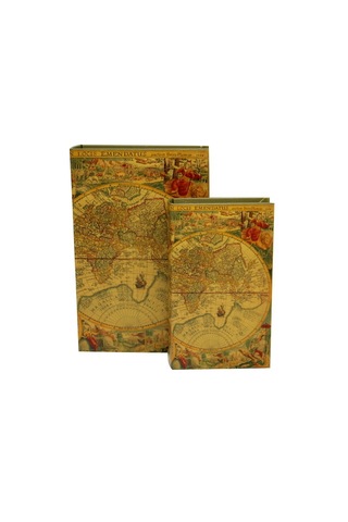 Authentic Eski Dünya Haritalı Kitap Şeklinde Kutu 2'li Set 27-21c