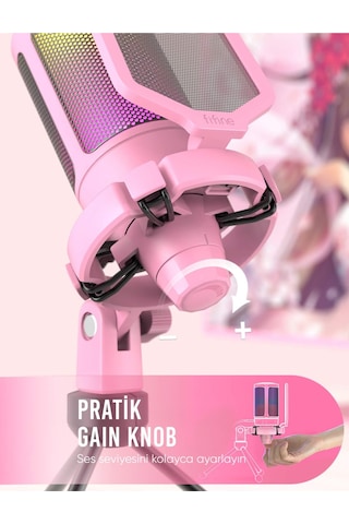 Fifine Ampligame A6v Rgb Usb Pembe Gaming Mikrofon A6vp