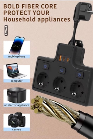 Termal Akım Korumalı 3 Lü Duvar Tipi Priz 1x Usb 2x Type-c Çıkışlı Grup Priz Çoğaltıcı 3500w