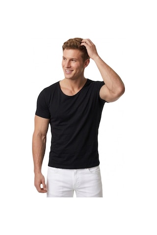 Deepsea Erkek Siyah Geniş Yaka Likralı Tişört Oval Yaka Slim Fit Eteği Oval Açık Yaka T-shirt 1801199 Siyah