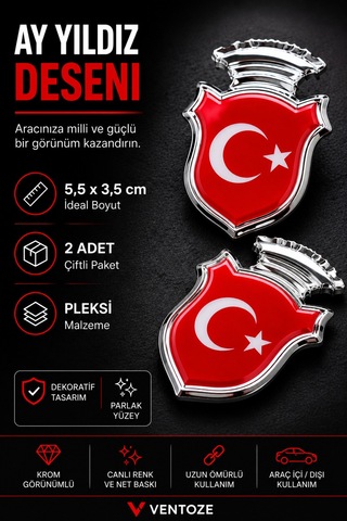 2 Adet Bayrak Krom Görünümlü Pleksi Arma Oto Dekoratif Etiket Çiftli Set 5,5x3,5 Cm
