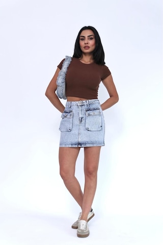 Zeo Basic Kargo Cepli Mini Skirt Mavi- Buz