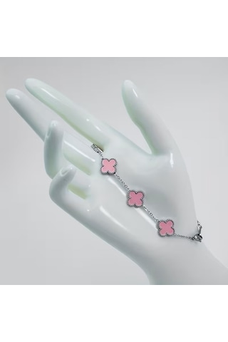 Çelik Bileklik Dört Yapraklı Küçük Yonca Pembe Sedef Taşlı Uzunluk 18 Cm Gümüş Gümüş
