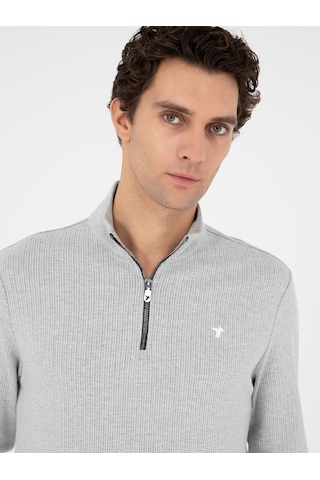 Gri Melanj Regular Fit Pamuk Karışımlı Yarım Fermuarlı Sweatshirt