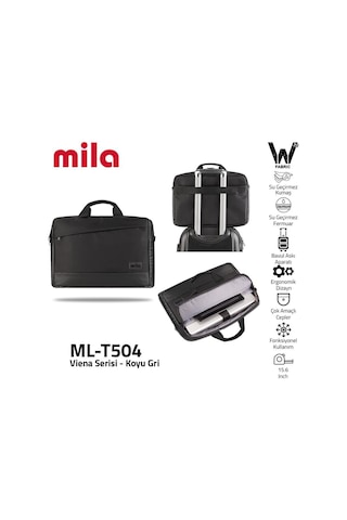 Mila ML-T504 Viena Serisi 15.6" Su Geçirmez Kumaş, Laptop ,Notebook Taşıma Çantası -Gri