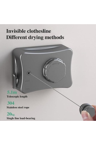 5.1m Duvara Monte Geri Çekilebilir Çamaşır İpi Ayarlanabilir Geri Çekilebilir Görünmez Ağır Hizmet Tipi Paslanmaz Çelik Tel İç Mekan Dış Mekan Balkon Çamaşır Çamaşır Kurutma Gri