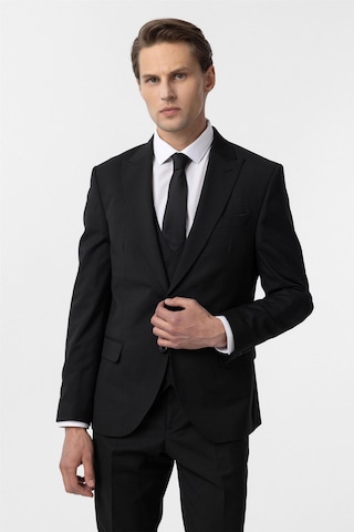 Süvari Siyah Slim Fit Düz Sivri Yaka 6 Drop Yelekli Klasik Takım Elbise