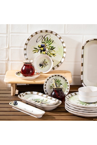 Perotti Olives 37 Parça Kahvaltı Takımı Kahvaltı Seti Çay Seti Beyaz - Yeşil