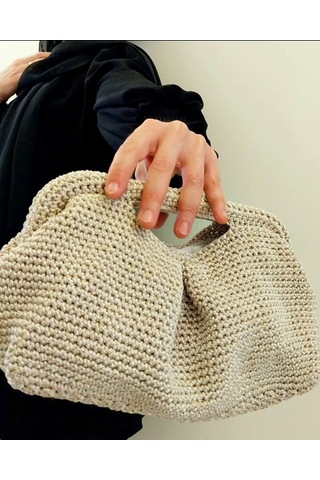 Parlak Tutmalı El Çantaları , El Yapımı Işıltılı Clutch, Örgü El Çantası Bej - Bej