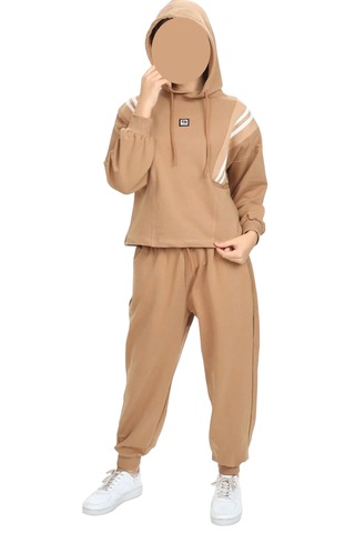 Kız Çocul Çizgi Şerit Detaylı Kapüşonlu Jogger Model Açık Kahverengi Renk Eşofman Takımı Açık Kahverengi