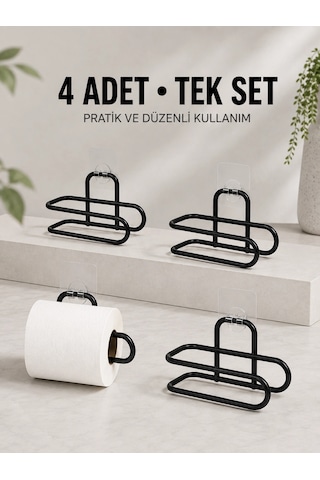 Duvara Yapışkanlı Wc Kağıtlık Siyah Metal 4 Adet Tuvalet Kağıdı Rulo Askısı Çok Renkli