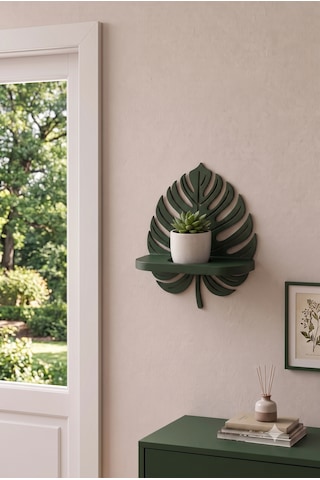 3d Dekoratif Monstera Yaprak Duvar Rafı - Sukulent Ve Mum Standı Yeşil